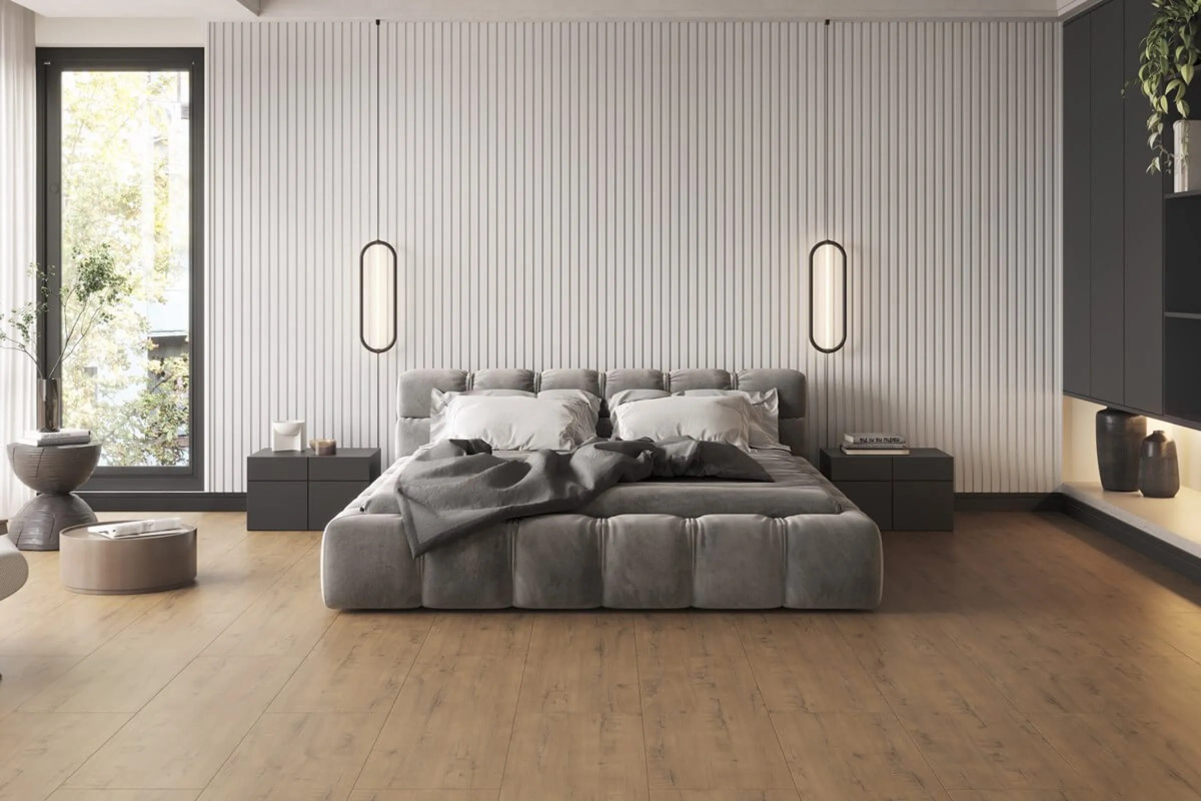 Quarto com painel ripado e piso de madeira da Inspira Revest