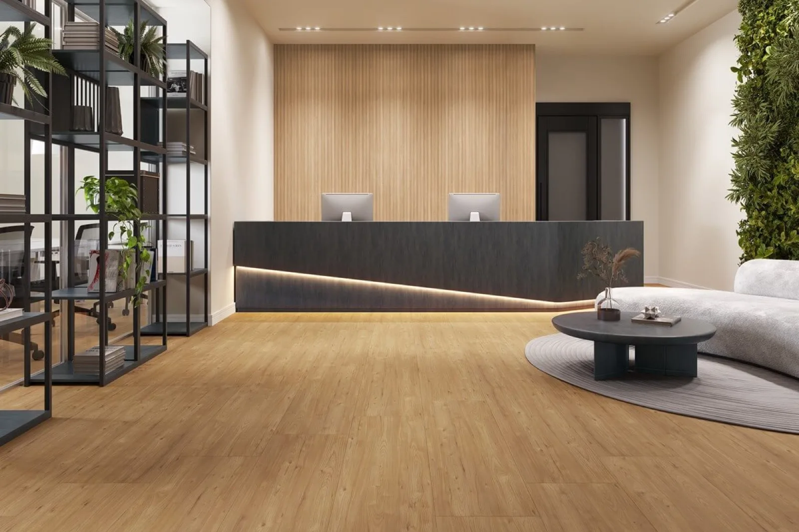 Recepção com piso laminado bege