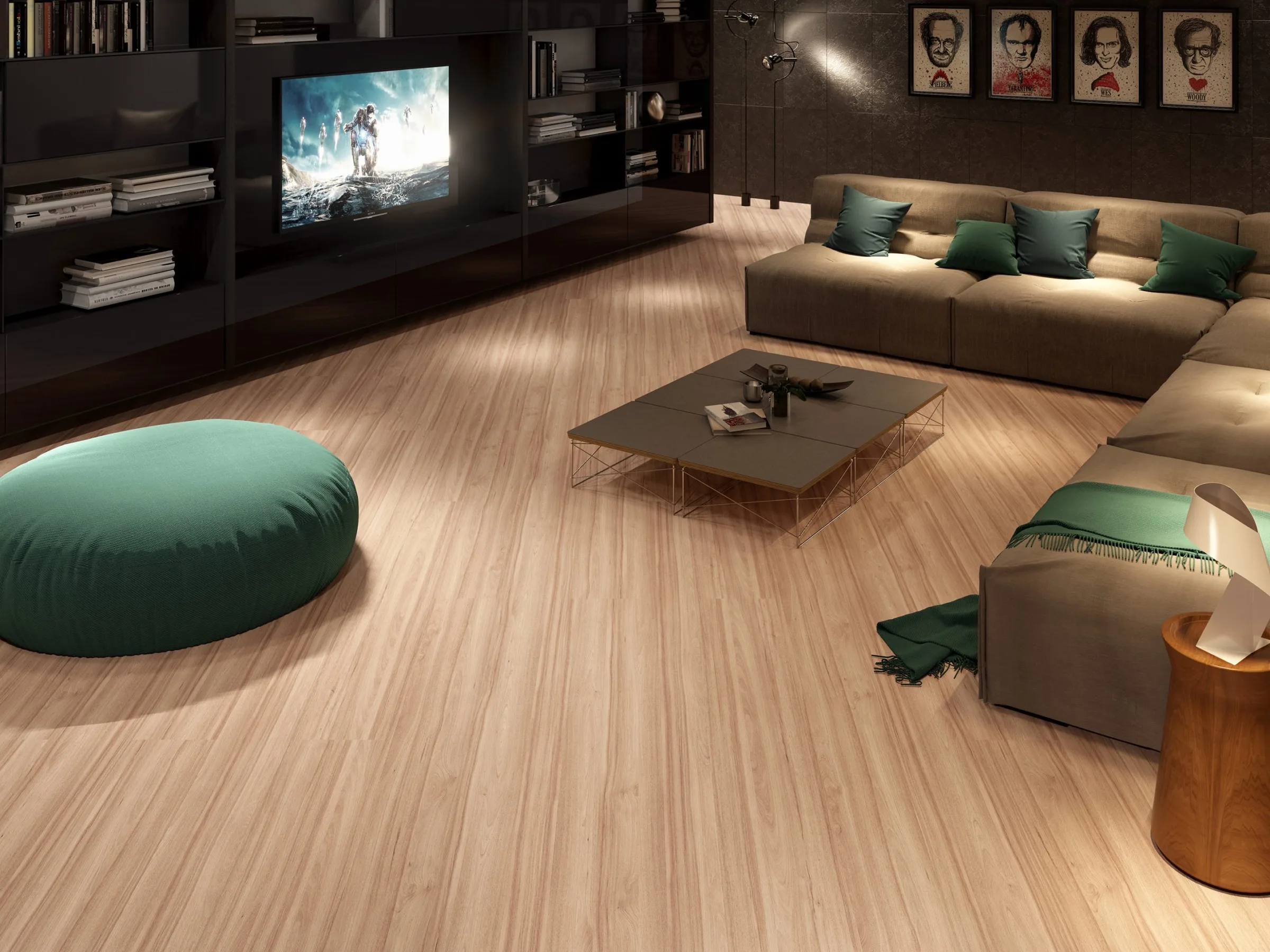 Sala de estar com piso laminado de madeira clara